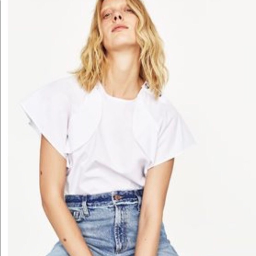 Zara Poplin Top w Frilled Sleeves/Buttons WHITE M